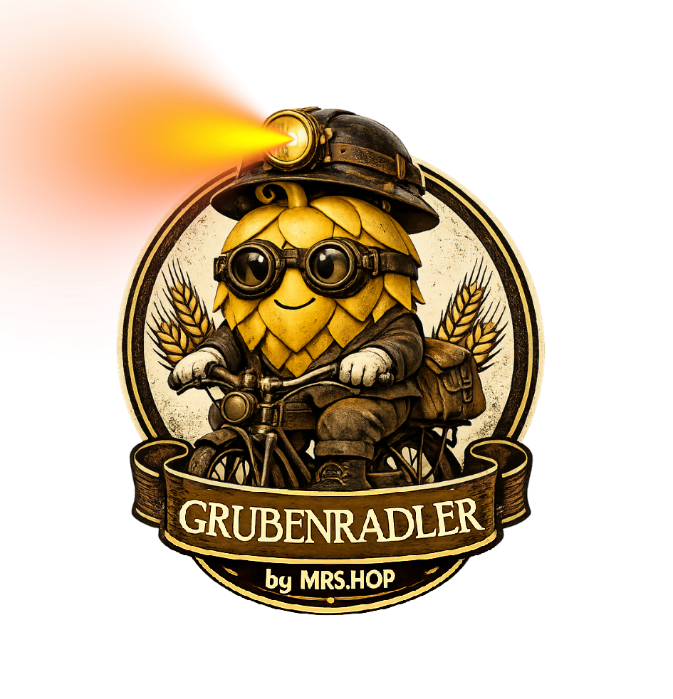 Grubenradler Logo – Hopfen-Maulwurf mit Grubenlampe und Bergmannshelm